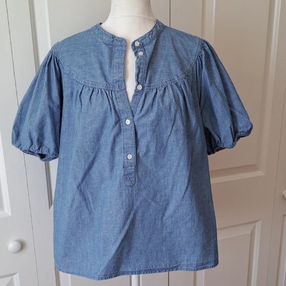 J. Crew Tops - J.Crew Womens Preppy Chambray Puff Short Sleeve Button Down Tunic Blouse M